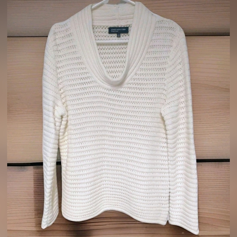 Jones New York Signature Cream Cowl Neck Waffle Knit Sweater